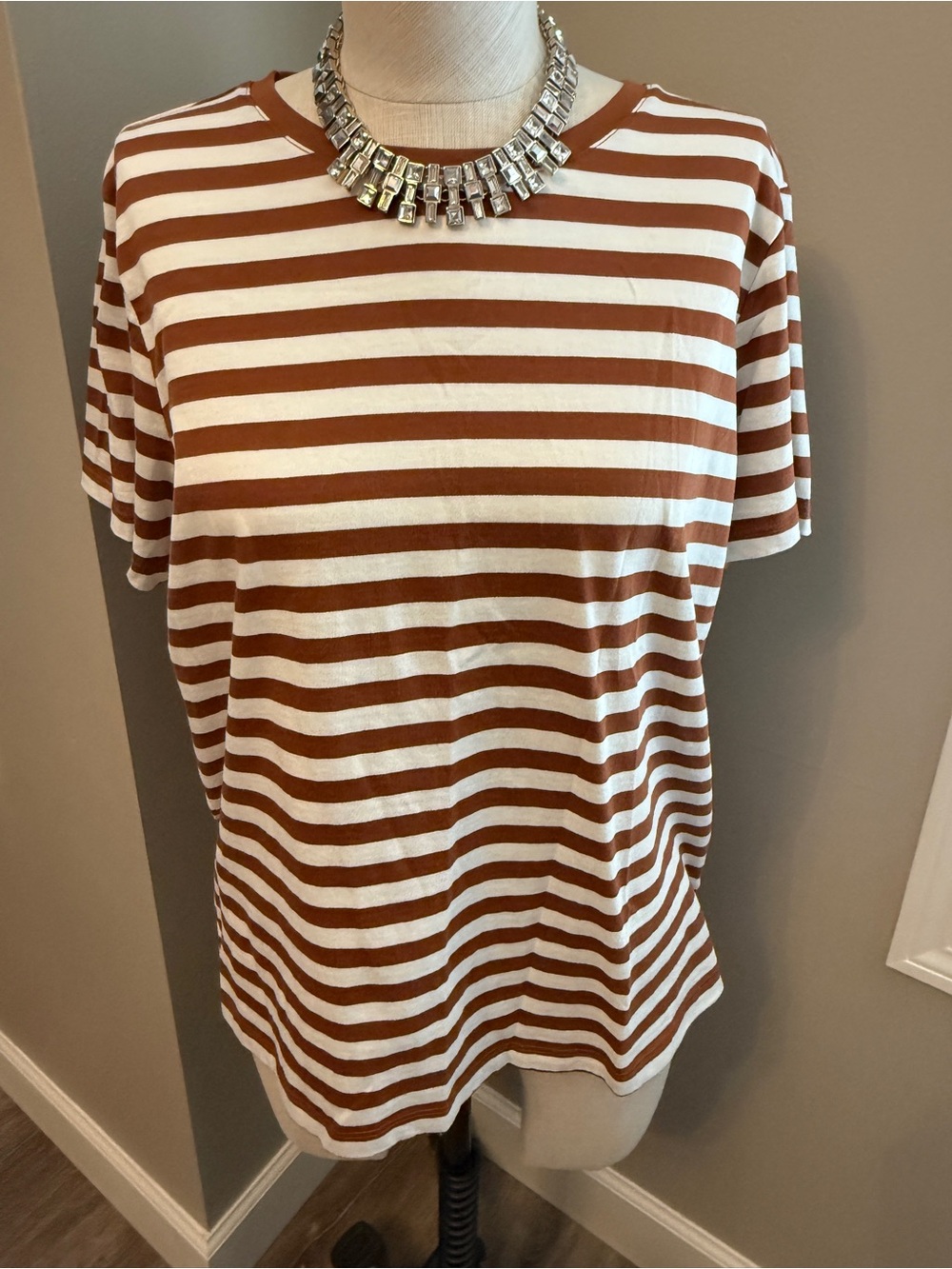 Lands' End Short-Sleeve Striped Crewneck Tee - White & Brown